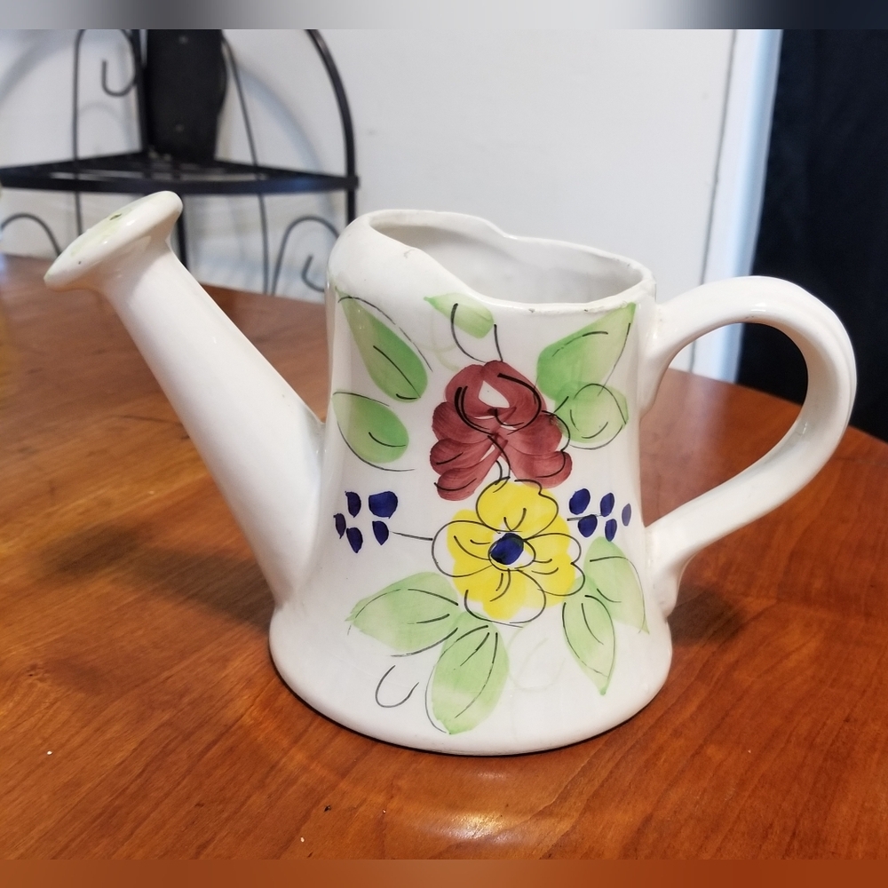 Vintage Italian Floral Ceramic Watering Can Vase/Planter